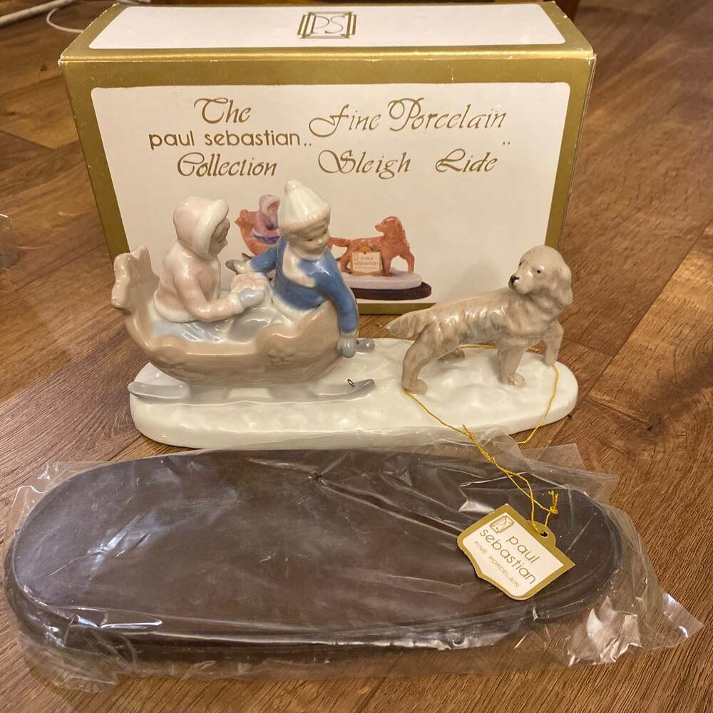 Paul Sebastian Figurine Sleigh Ride With Dog‎ Porcelain With Wood Base Vintage